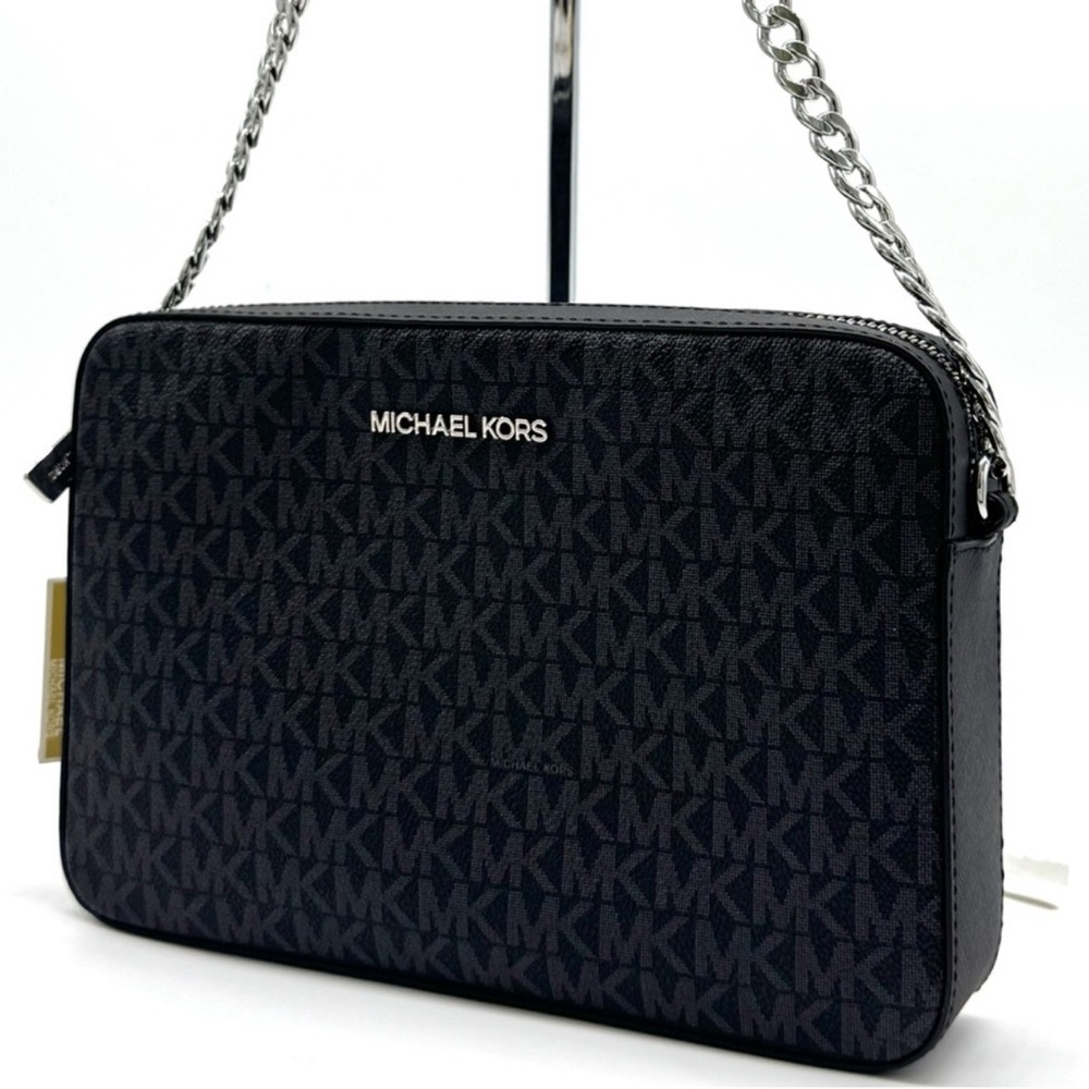 Michael Kors Large Jet Set Travel Signature Logo Crossbody Bag Black/Silver